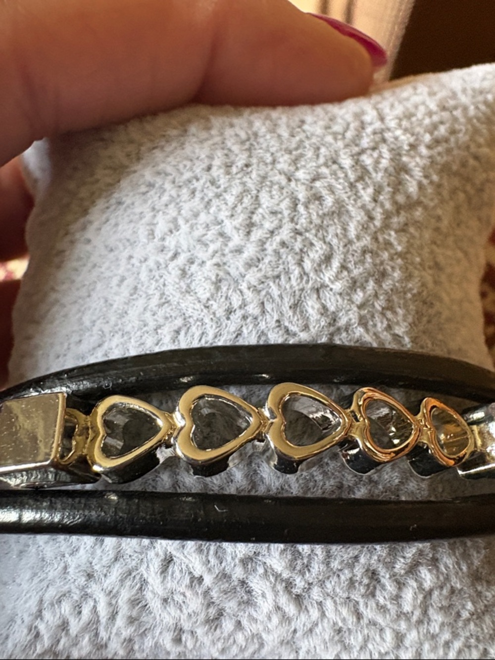 Black Leather Bracelet with Gold Heart Chain Accent - Women's Jewelry